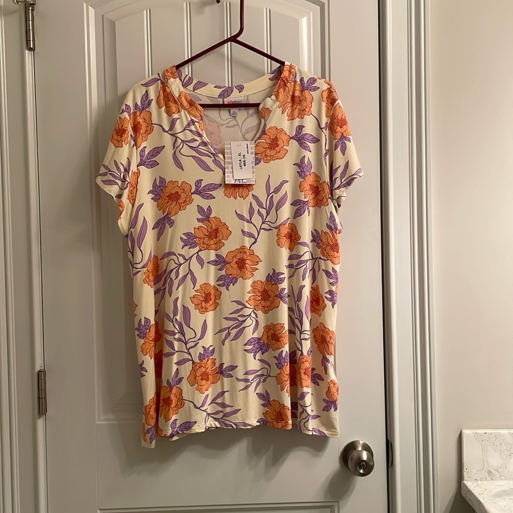 LuLaRoe “Layla” XL Floral Blouse in Cream, Orange, and Purple